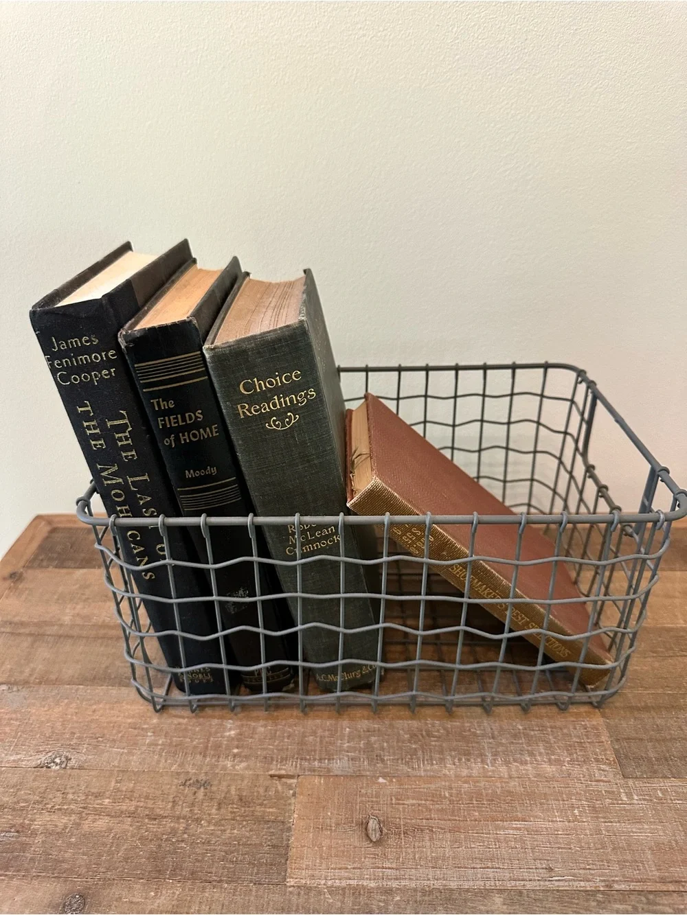 Gray Wire Storage Basket with 4 Vintage Books Home Accents Decor